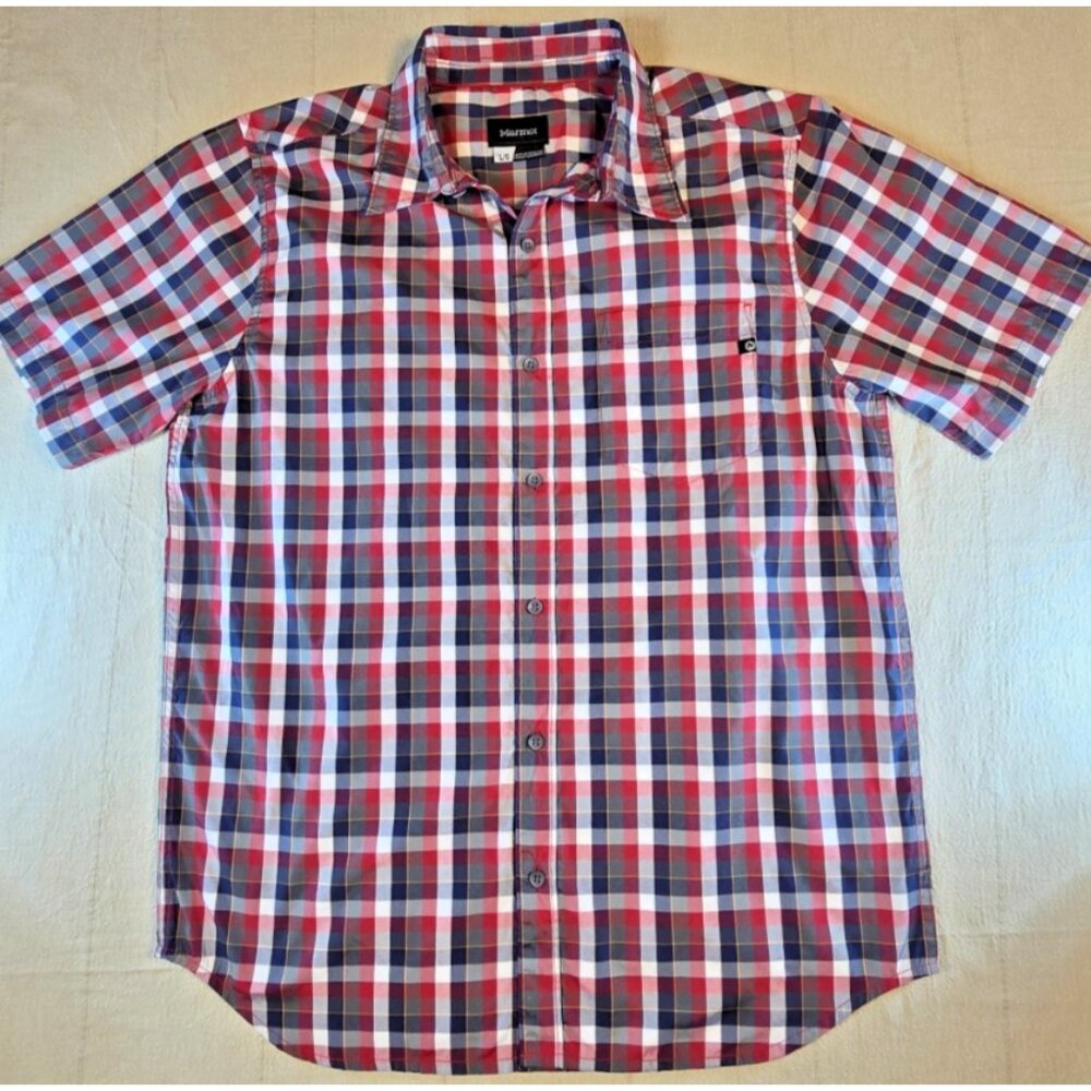 Marmot Men’s Plaid Shirt L Red/Blue Short Sleeve Button Up Outdoor Hiking Casual